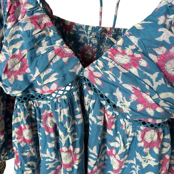 Free People Sacha Mini Babydoll Dress Floral 3/4 Sleeve Beaded Back Tie Women L - Picture 5 of 8